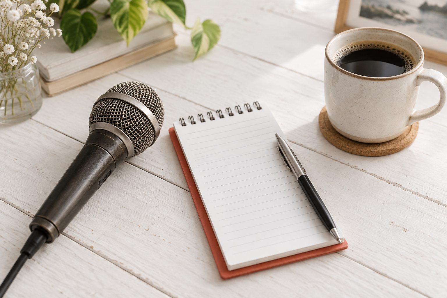A reporter's notebook and pen beside a handheld microphone and a cup of coffee on a white desk